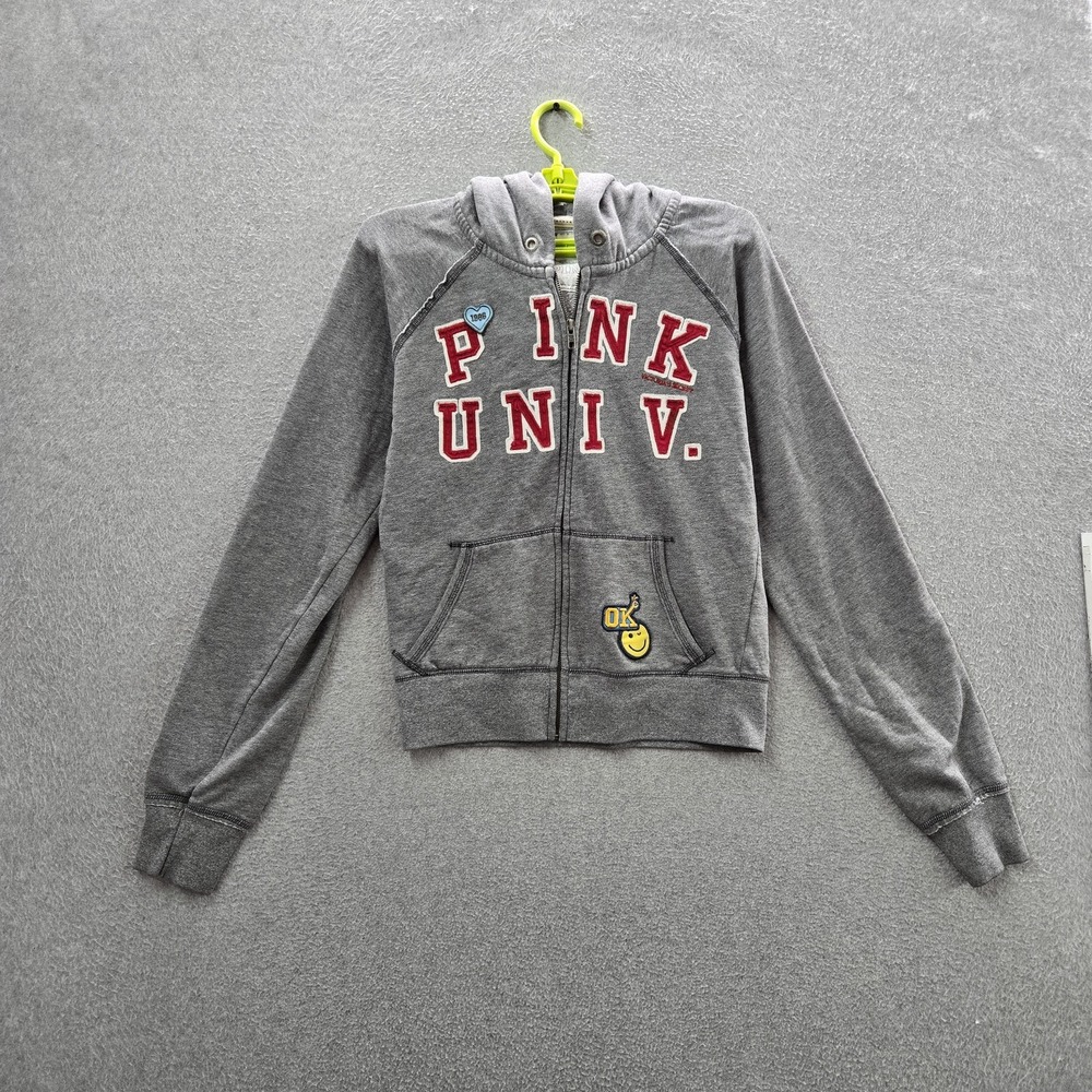 PINK‎ Victoria's Secret Women Hoodie L Gray Embroidered Fleece Campus